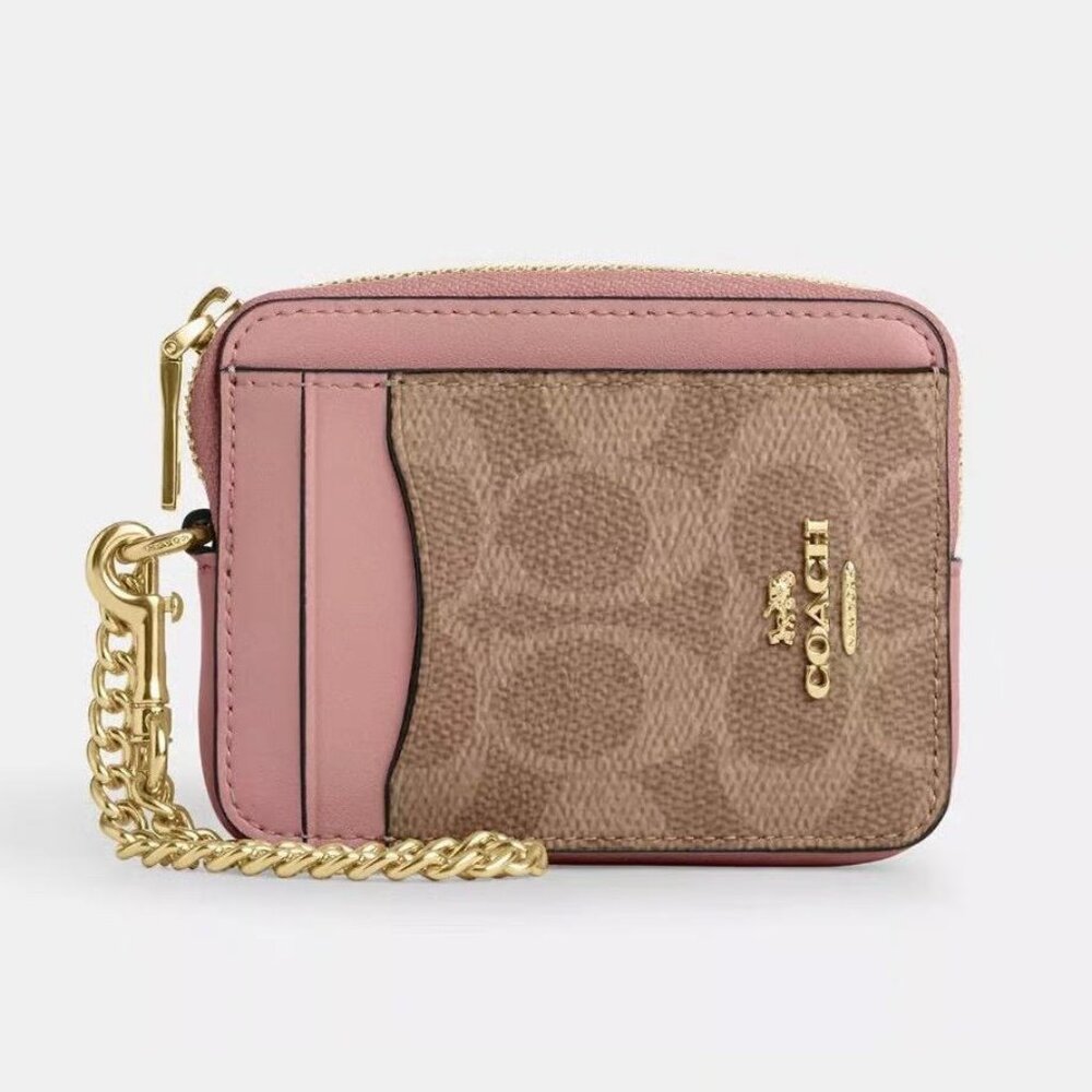 NWT Coach Zip Card Case In Signature Canvas - CW883 Silver/Tan/Dusty Pink $118 - Picture 2 of 14